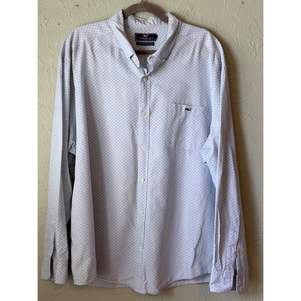 Vineyard Vines Mens Classic Fit Tucker Shirt Blue Fish Print Cotton Linen XXL